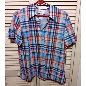 Alfred Dunner Women's Top Medium Plaid Short Sleeve Pullover Knit Shirt Small